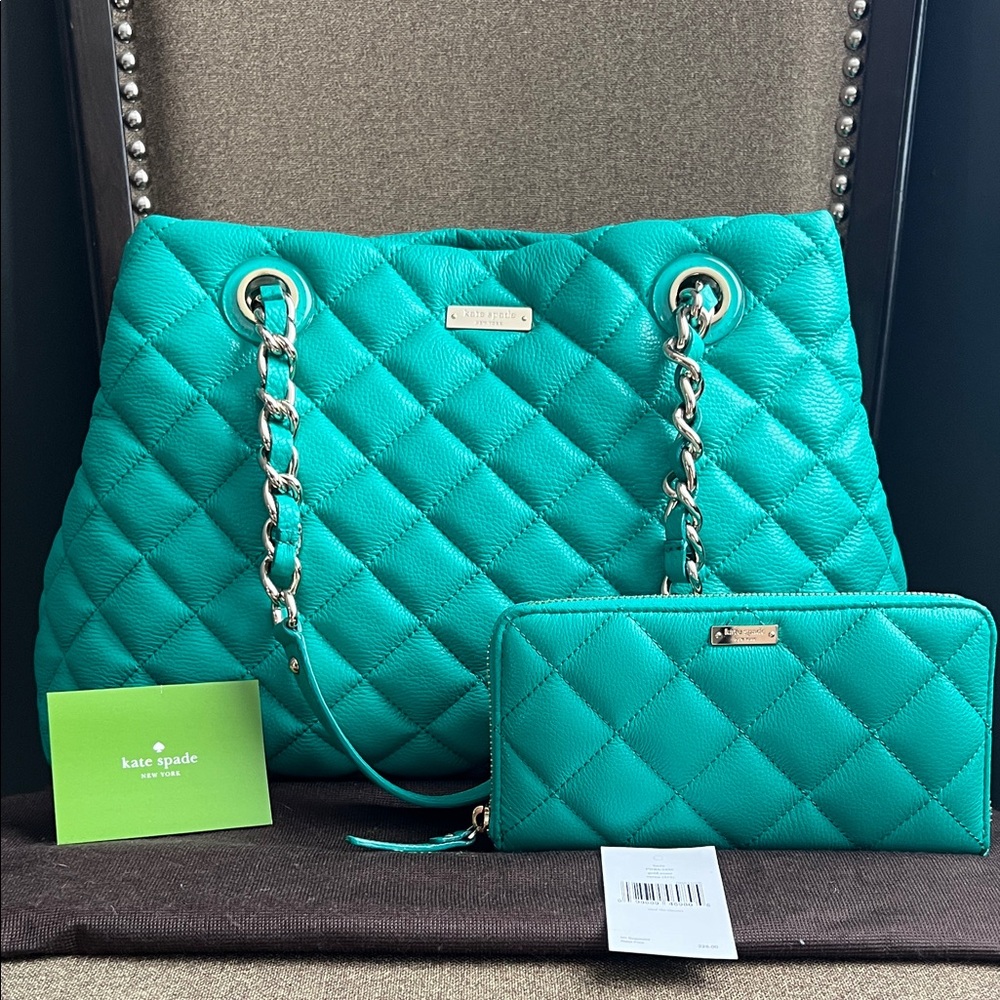 kate spade Verna green Maryanne quilted shoulder tote with matching wallet